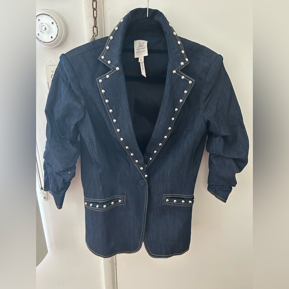 Cinq a Sept Blue Blazer with Edgy Studded Details .. KHLOE denim blazer